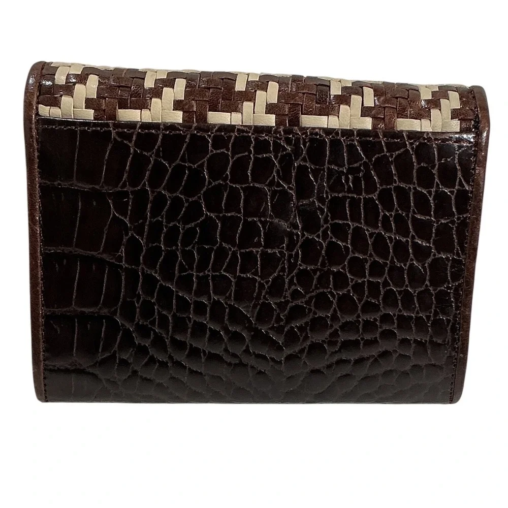 Brighton Woven Houndstooth Croc Embossed Leather Card‎ Case Wallet Brown Tan